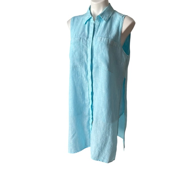 CHICO'S Sleeveless Side Slit Blue Aqua Linen Tunic, Sz L/12 - Picture 4 of 15